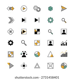 Colección de iconos de diseño plano para interfaces de Web y App, incluidas las flechas, los engranajes de búsqueda y los perfiles de usuario.