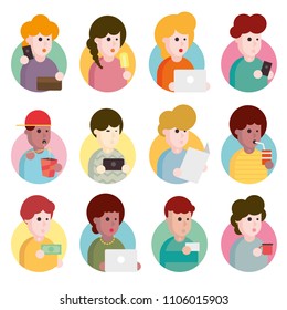 Collection of flat design illustrations. Set of portraits of avatars of cute men and women of different age isolated on a white background
