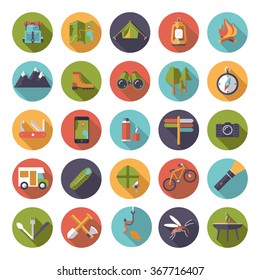 Collection of flat design long shadow camping, hiking and outdoor pursuit vector icons in circles. Set of 25 color symbols.