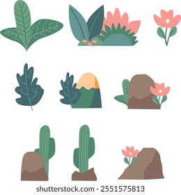 Uma coleção de elementos de design plano da natureza com plantas, folhas, flores, rochas, montanhas e cactos. Perfeito para criar ilustrações botânicas minimalistas