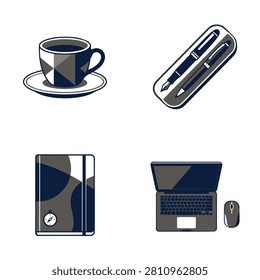 Collection of flat design office icons featuring a coffee cup notebook laptop mouse and pen case for business concepts