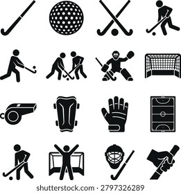 A collection of flat design pictograms representing field hockey game elements. Ideal for sports websites apparel or promotional materials.