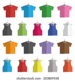 collection of flat design round neck t-shirts and vests on hangers isolated on white, with transparencies.