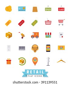 Colección de diseños planos de compras e iconos de vectores minoristas