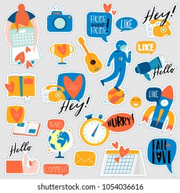 Collection of flat design social network stickers. Set of stickers, pins, patches and badges vector illustration. Stickers for mobile messages, chat, social media, online communication, networking