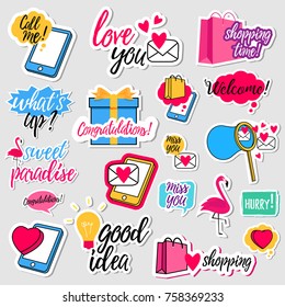 Collection of flat design social network stickers. Set of stickers, pins, patches and badges vector illustration. Stickers for mobile messages, chat, social media, online communication, networking