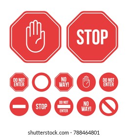 Collection of flat design stop sign icons and pictograms. Abstract stylish vector danger signs on a white background