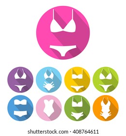 Collection of flat design swimming suit icons with long shadow in circles. Bikini set. Round Icons Set. Vector illustration