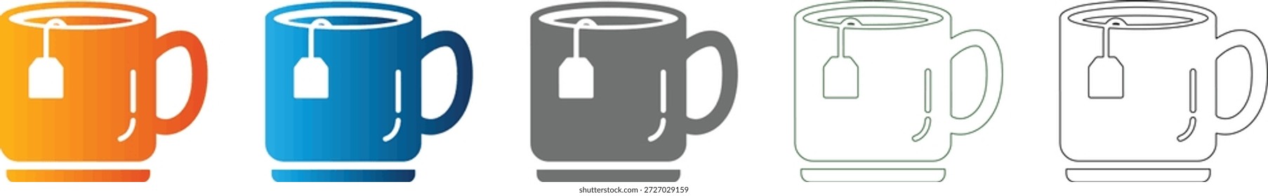 Uma coleção de ícones de caneca de chá de design plano em várias cores e estilos de linha, representando bebidas quentes, perfeito para um conjunto de ícones consistente.