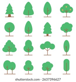 A Collection of Flat Design Tree Icons with Clean Lines and Natural Green Colors in Rounded and Geometric Shapes for Minimalist Nature Graphics