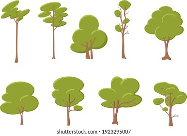 Colección de árboles de diseño plano aislados en fondo blanco