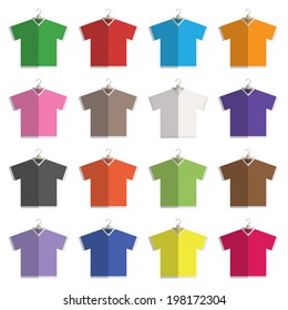 collection of flat design v neck t-shirts on hangers isolated on white, with transparencies.