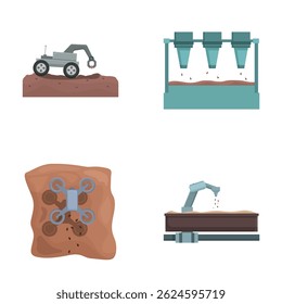 Coleção de ícones de vetor de design plano que representam máquinas industriais. Incluindo equipamento de fabrico. Braços robóticos. Mineração. Perfuração. Agricultura. E embalagem