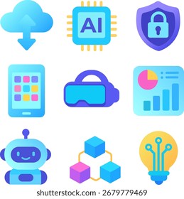 Eine Kollektion flacher Design-Vektorsymbole, die moderne Technologie und digitale Konzepte darstellen, darunter Cloud Computing, künstliche Intelligenz, Cybersicherheit, mobile Apps, virtuelle Realität, Blockchai