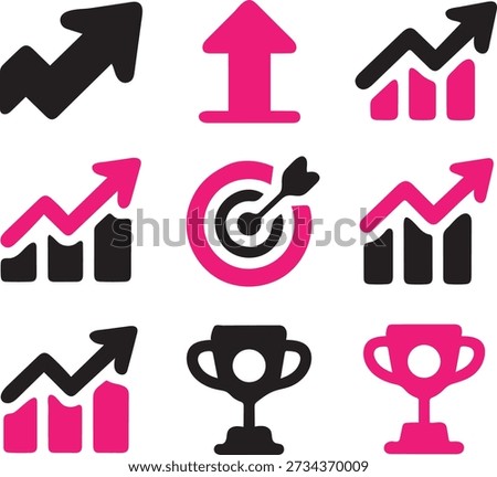 A collection of flat design vector icons symbolizing business growth, success, and achievement. Features upward trending bar charts, arrows, a target with an arrow, and trophies on a clean white background.