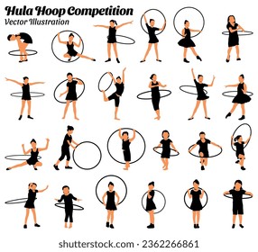 Collection of flat design vector illustrations of children competing to play hula hoop