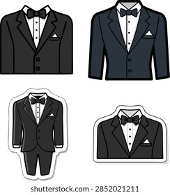Collection of flat design vector illustrations showing black tuxedo jackets, full suits, and blazers with bow ties and pocket squares, suitable for fashion websites and event planning.