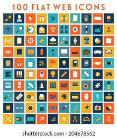 Collection of Flat Design Web Icons. Technology, Mobile Communication, Business and Marketing Elements. May be used for Application UX and UI Design.