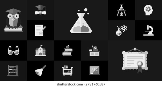 Colección de íconos o símbolos de educación y ciencia planos con un diploma de microscopio de frasco de química de profesor de búho y útiles escolares sobre fondo oscuro para el aprendizaje o la vuelta a la escuela