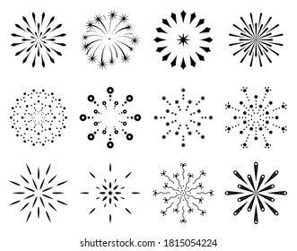 Collection of flat fireworks. Festive sparkles, carnival salutes. Outline firework explosion vector elements. Sketch pyrotechnics celebrate stars