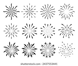 Colección de fuegos artificiales planos. Brillos festivos, saludos de carnaval. Esbozar elementos vectoriales de explosión de fuegos artificiales. Sketch pirotecnia celebra estrellas