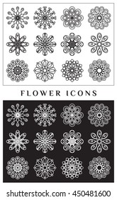 COLLECTION OF FLAT FLOWER ICONS ISOLATED ON WHITE AND ON BLACK BACKGROUND