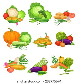 Collection Of Flat Fresh Vegetables, Still Life Illustrations Of Vegetables, Healthy Lifestyle And Vegetarian Food Concept