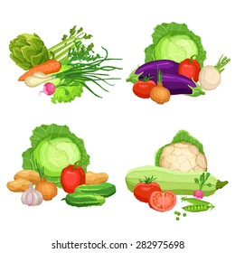 Collection Of Flat Fresh Vegetables, Still Life Illustrations Of Vegetables, Healthy And Vegetarian Food Concept