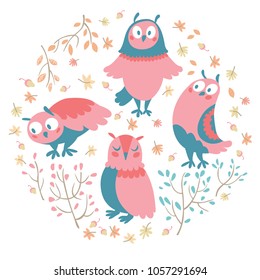 Collection of flat funny owls isolated on white background. Cartoon style. Facial expressions and emotions. Fairy pink owls. Children illustration. Autumn background.