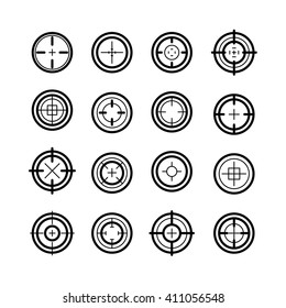 Collection of flat game targets isolated. Crosshair icon. Aim icon. Bullseye sign. Shooting mark set. Target icon. Computer game element, military concept.