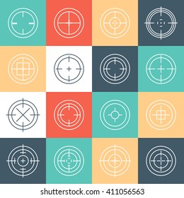 Collection of flat game targets isolated. Crosshair icon. Aim icon. Bullseye sign. Shooting mark set. Target icon. Computer game element, military concept.
