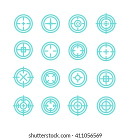 Collection of flat game targets isolated. Crosshair icon. Aim icon. Bullseye sign. Shooting mark set. Target icon. Computer game element, military concept.