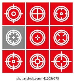 Collection of flat game targets isolated. Crosshair icon. Aim icon. Bullseye sign. Shooting mark set. Target icon. Computer game element, military concept.