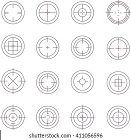 Collection of flat game targets isolated. Crosshair icon. Aim icon. Bullseye sign. Shooting mark set. Target icon. Computer game element, military concept.