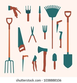 Collection of flat garden tools and utensils. Vector illustration