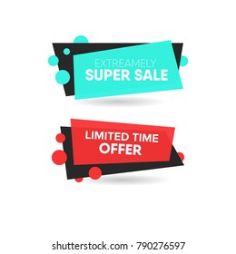 Collection of flat geometric promotion banner, Colorful trendy tags or poster design, Red and Light blue vector template.