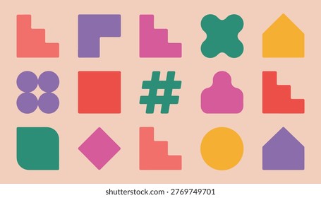 Collection of flat geometric shapes in coral pink purple green yellow and red on a pale peach background
