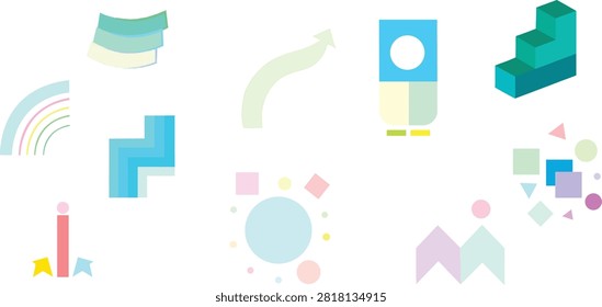 A collection of flat, geometric shapes and simple are arranged on a white background. The are rendered in a soft pastel color palette including light blues, greens, yellows, pinks, and purples. Visible shapes include stacked curved bands, a rainbow arc, a zig-zag pattern, an upward-pointing arrow, a stacked block with a circle, isometric stairs, scattered circles, squares, triangles, and rhombuses, and a figure-like shape composed of geometric forms.