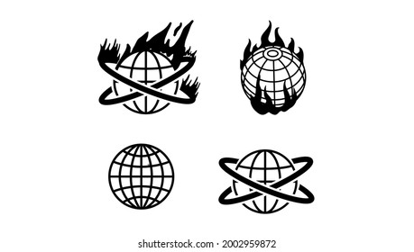 collection of flat globes with fire symbol black and white