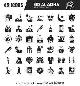 A collection of flat glyph icons celebrating Eid al-Adha, featuring symbols like sheep, mosques, and crescent moons. Perfect for digital and print media.