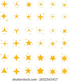 Coleção de ícones de estrelas cintilantes dourados planos em várias formas para design de interface do usuário, gráficos decorativos ou elementos vetoriais de conto de fadas