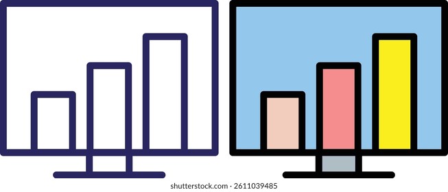 A collection of flat and gradient computer monitor icons with bar graphs, ideal for business analytics, data visualization, dashboards, and UI design elements.