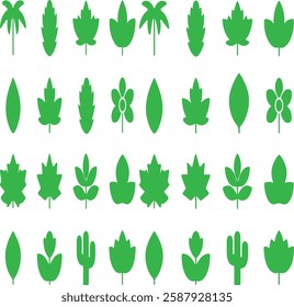 A collection of flat green leaves, beautifully illustrated against a white background. Ideal for nature-themed designs and botanical projects.
