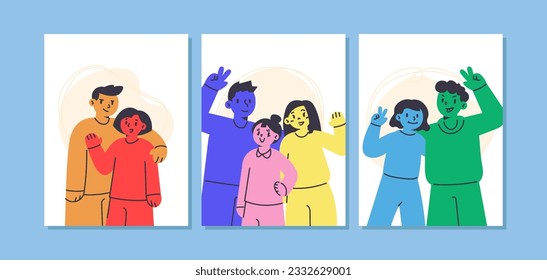 Collection of flat greeting cards for international friendship day celebration. Group of abstract diverse people. Friends stand, hug, pose together. Cartoon characters. Colorful vector illustration.