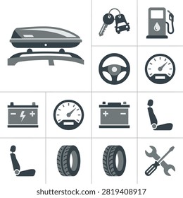 Collection of flat grey icons representing car parts, accessories, and maintenance services on a white background