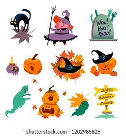 Collection of flat halloween animals isolated on white background. Set of funny spooky characters in costumes. Good for party invitation, flyer, poster, packaging designs.