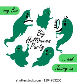 Collection of flat halloween funny ghosts isolated on white background. Funny spooky characters in costumes. Good for party invitation, flyer, poster, packaging designs.