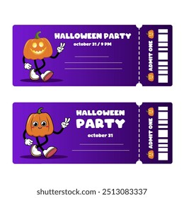 Collection of flat halloween tickets with characterden mascot pumpkin in retro 70s style. Set of halloween party invitation card templates.