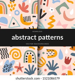 Collection of flat hand drawn contemporary abstract doodles made as seamless repeat pattern. Abstraction colorful background. Trendy paper cut style shapes. Moon, foliage and flower. Good for textile 