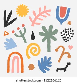 Collection of flat hand drawn contemporary abstract vector illustrations. colored abstraction doodles and shapes in autumn colors. Trendy paper cut style.  Simple swirl, rainbow and plant branch